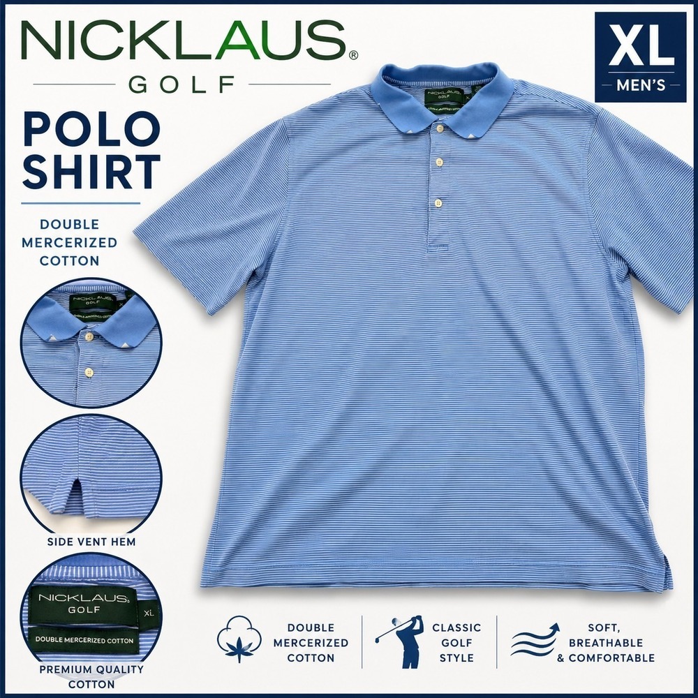 Nicklaus Golf‎ Polo Shirt Men's XL Double Mercerized Cotton Blue White Stripe